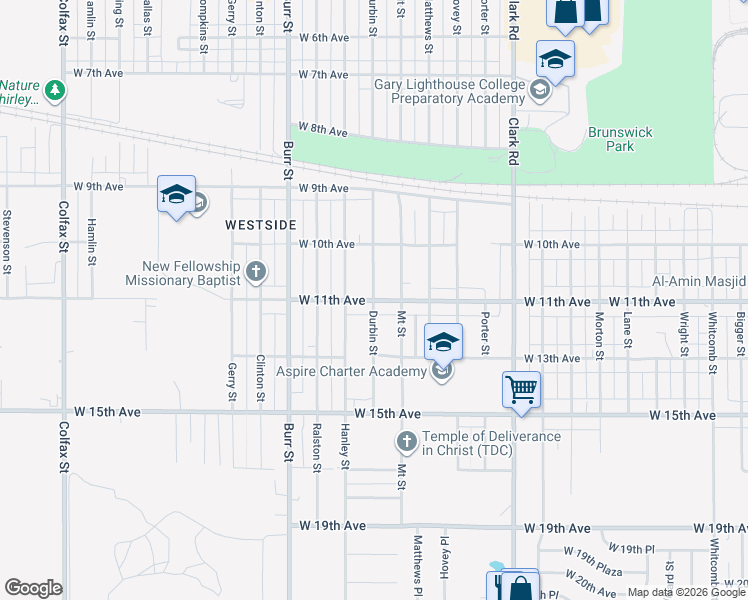 map of restaurants, bars, coffee shops, grocery stores, and more near 1099 Durbin Street in Gary