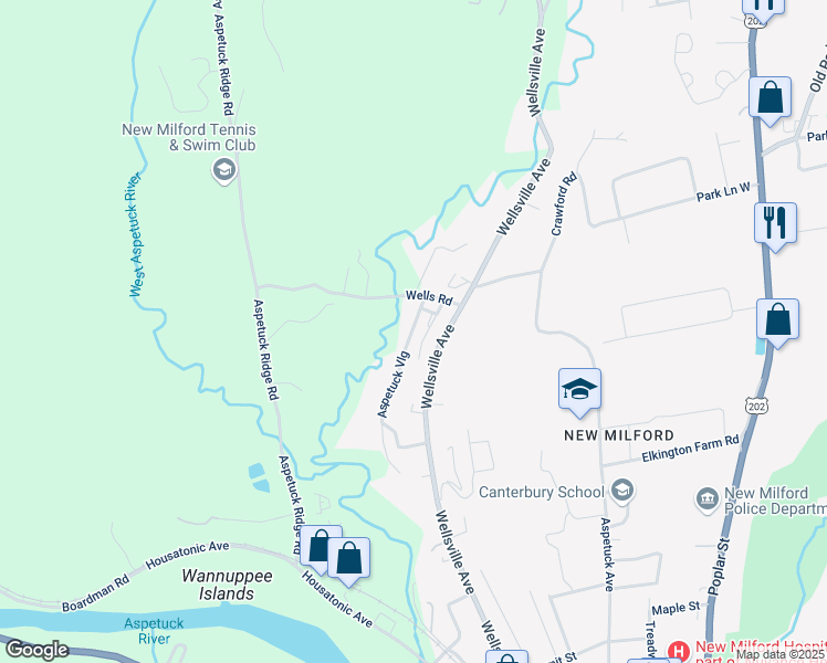 map of restaurants, bars, coffee shops, grocery stores, and more near 158 Aspetuck Village in New Milford