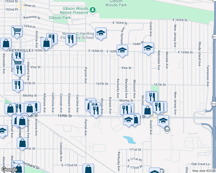 map of restaurants, bars, coffee shops, grocery stores, and more near 6650 Kansas Avenue in Hammond