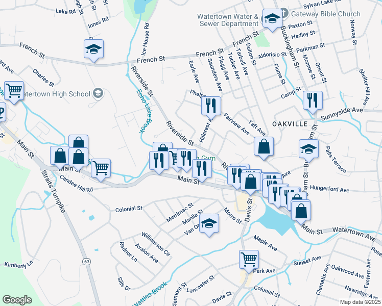 map of restaurants, bars, coffee shops, grocery stores, and more near 205 Riverside Street in Watertown