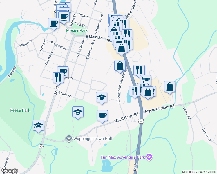 map of restaurants, bars, coffee shops, grocery stores, and more near 48 North Gilmore Boulevard in Wappingers Falls