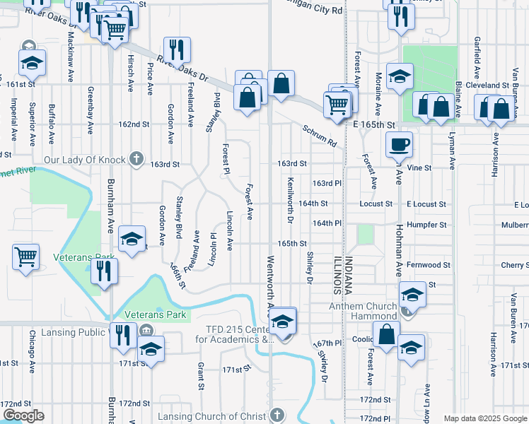 map of restaurants, bars, coffee shops, grocery stores, and more near 1445 Wentworth Avenue in Calumet City