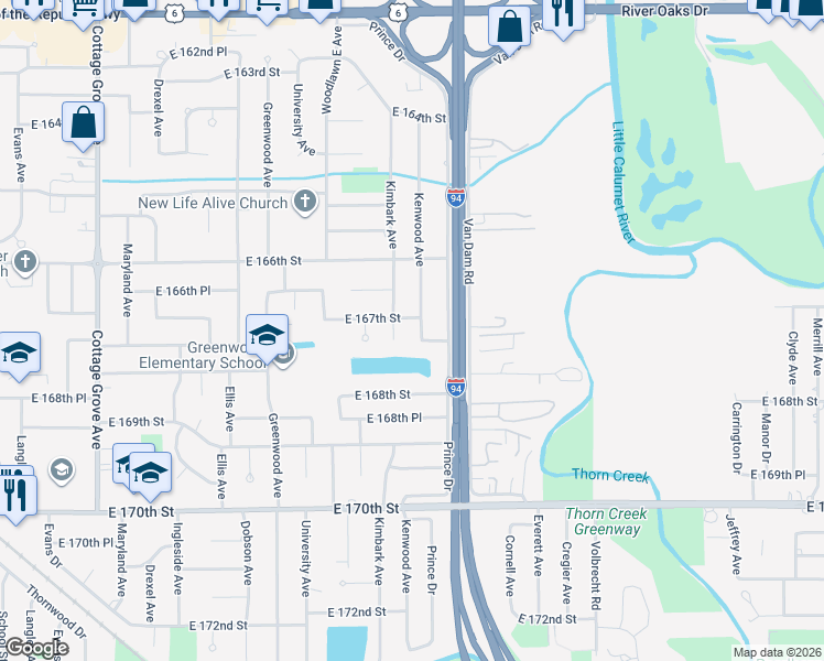map of restaurants, bars, coffee shops, grocery stores, and more near 16665 Kenwood Avenue in South Holland