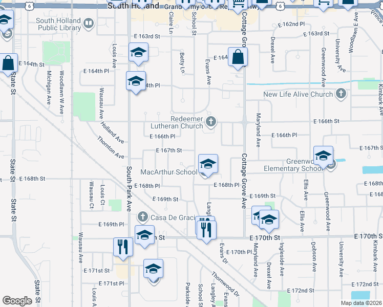 map of restaurants, bars, coffee shops, grocery stores, and more near 16645 School Street in South Holland