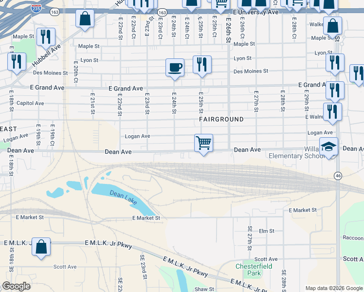 map of restaurants, bars, coffee shops, grocery stores, and more near 2427 Logan Avenue in Des Moines