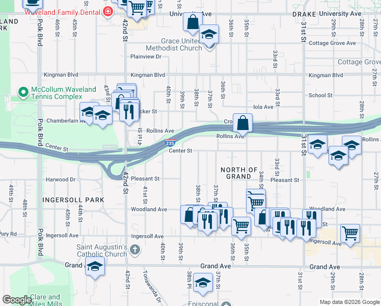 map of restaurants, bars, coffee shops, grocery stores, and more near 3817 Center Street in Des Moines