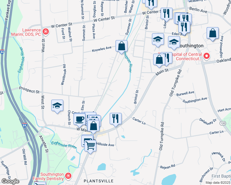map of restaurants, bars, coffee shops, grocery stores, and more near 45 Summer Street in Southington