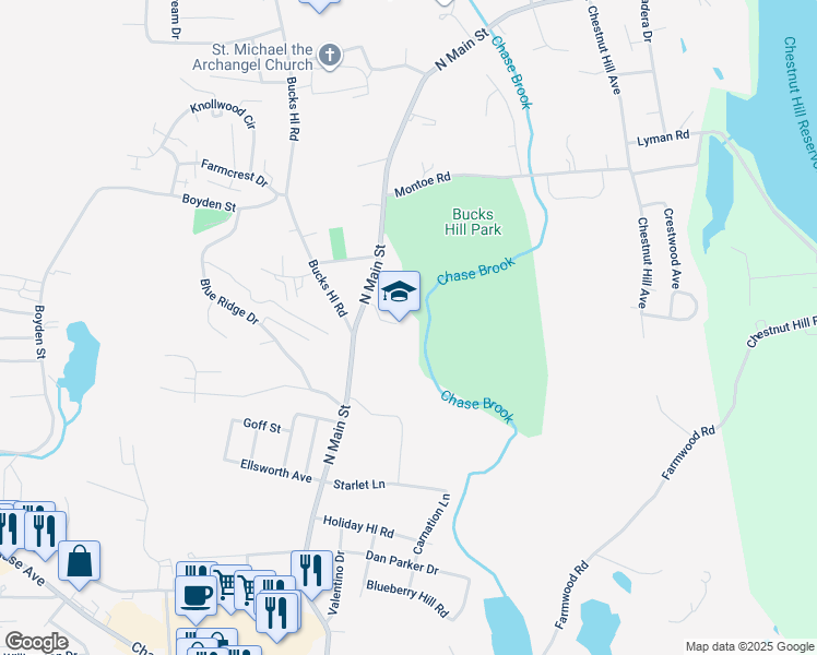 map of restaurants, bars, coffee shops, grocery stores, and more near 2780 North Main Street in Waterbury