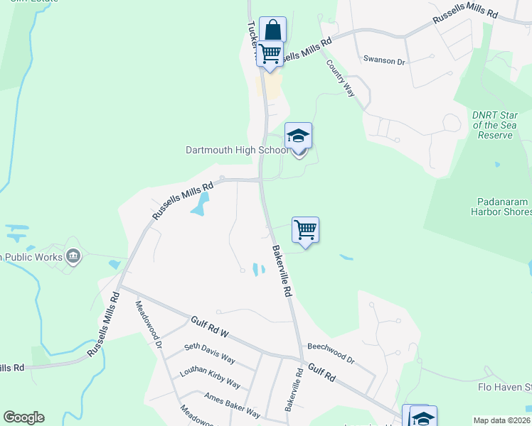 map of restaurants, bars, coffee shops, grocery stores, and more near 555 Bakerville Road in Dartmouth