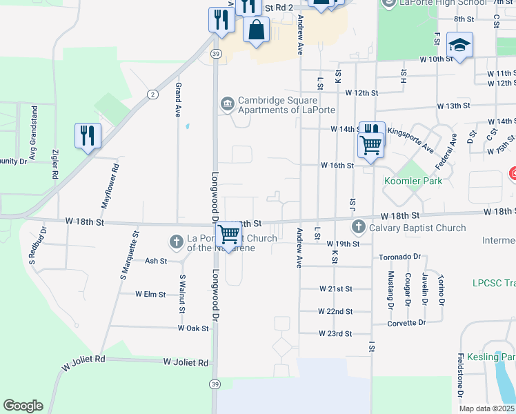 map of restaurants, bars, coffee shops, grocery stores, and more near 1405 West 18th Street in La Porte