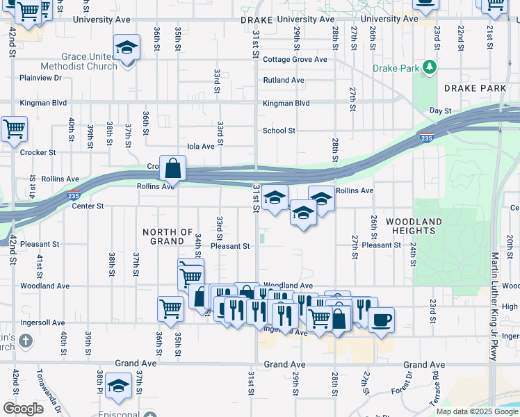 map of restaurants, bars, coffee shops, grocery stores, and more near 3010 Center Street in Des Moines