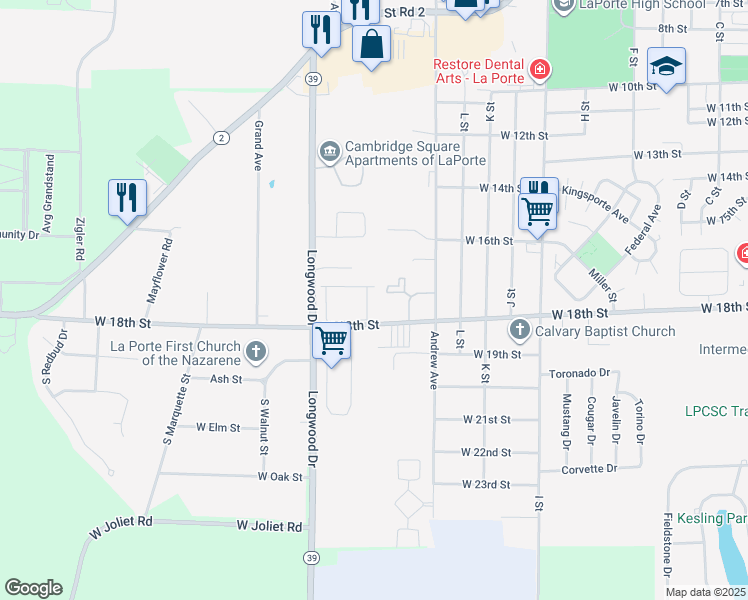 map of restaurants, bars, coffee shops, grocery stores, and more near 1405 West 18th Street in La Porte