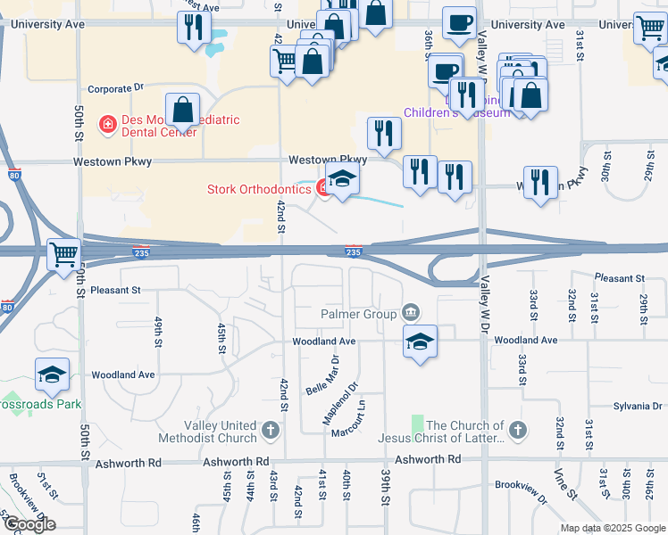 map of restaurants, bars, coffee shops, grocery stores, and more near 4120 Concord Plaza in West Des Moines
