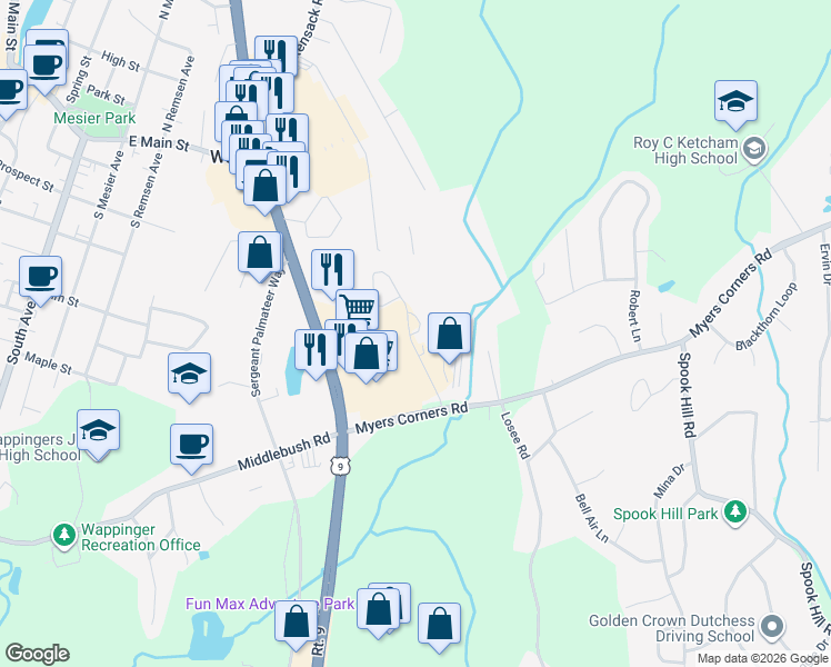 map of restaurants, bars, coffee shops, grocery stores, and more near 4 Schindler Court in Wappingers Falls