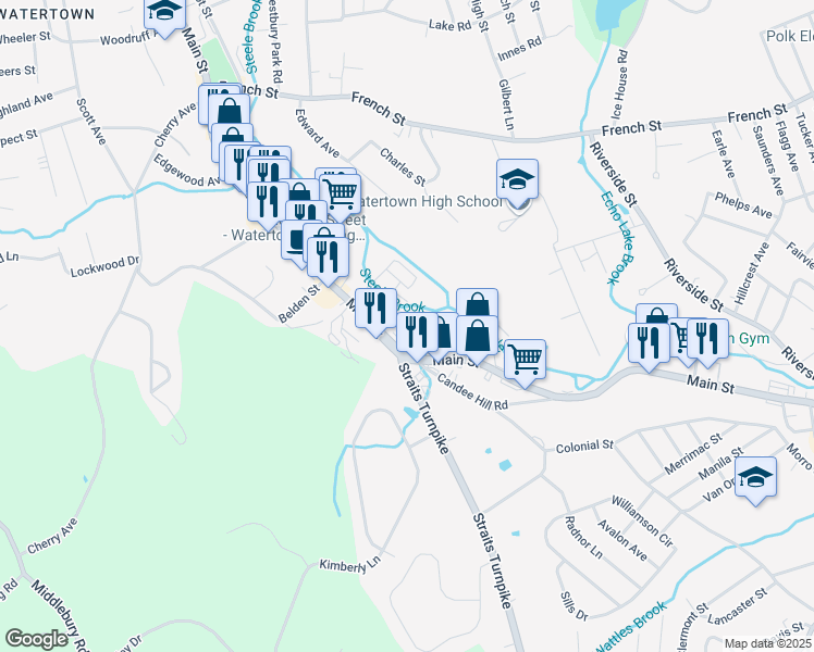 map of restaurants, bars, coffee shops, grocery stores, and more near 1271 Main Street in Watertown