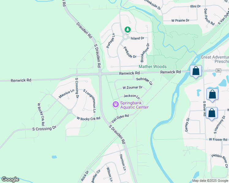 map of restaurants, bars, coffee shops, grocery stores, and more near 16043 Selfridge Circle in Plainfield