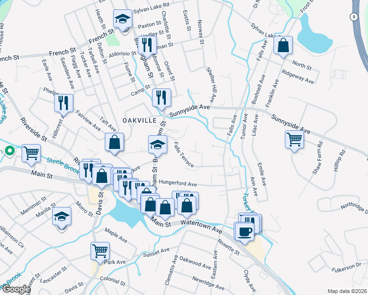 map of restaurants, bars, coffee shops, grocery stores, and more near 148 Falls Terrace in Watertown