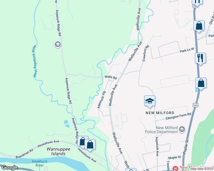 map of restaurants, bars, coffee shops, grocery stores, and more near 162 Aspetuck Village in New Milford