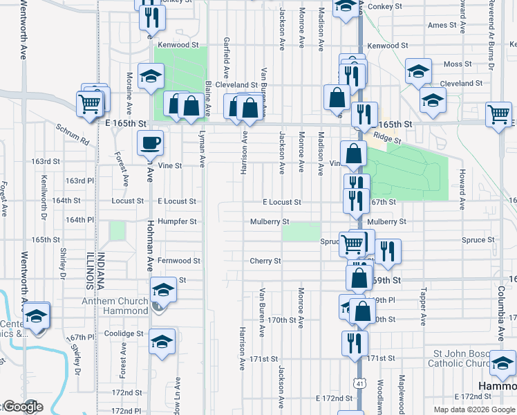 map of restaurants, bars, coffee shops, grocery stores, and more near 6649 Harrison Avenue in Hammond