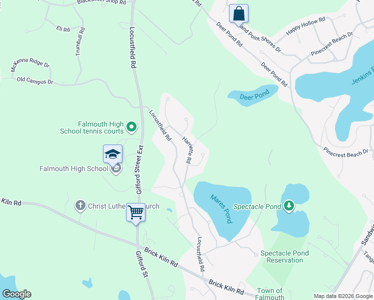 map of restaurants, bars, coffee shops, grocery stores, and more near 485 Locustfield Road in Falmouth
