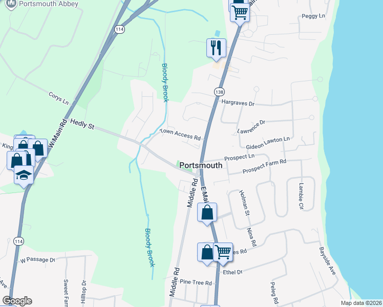 map of restaurants, bars, coffee shops, grocery stores, and more near 2270 East Main Road in Portsmouth