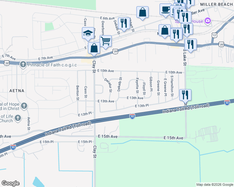 map of restaurants, bars, coffee shops, grocery stores, and more near 1156 Dekalb Street in Gary