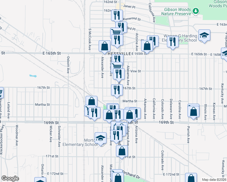 map of restaurants, bars, coffee shops, grocery stores, and more near 6646 Kennedy Avenue in Hammond