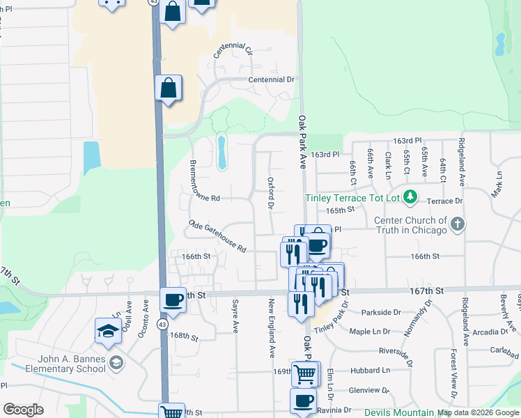 map of restaurants, bars, coffee shops, grocery stores, and more near 16410 Oxford Drive in Tinley Park