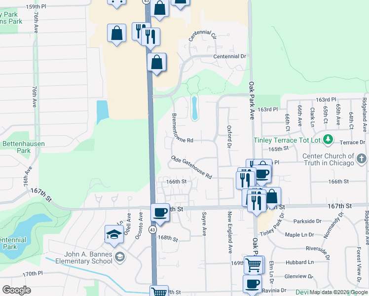 map of restaurants, bars, coffee shops, grocery stores, and more near 7025 Brementowne Road in Tinley Park