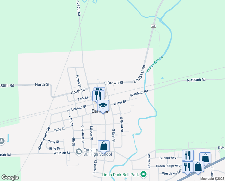 map of restaurants, bars, coffee shops, grocery stores, and more near 303 East Brown Street in Earlville