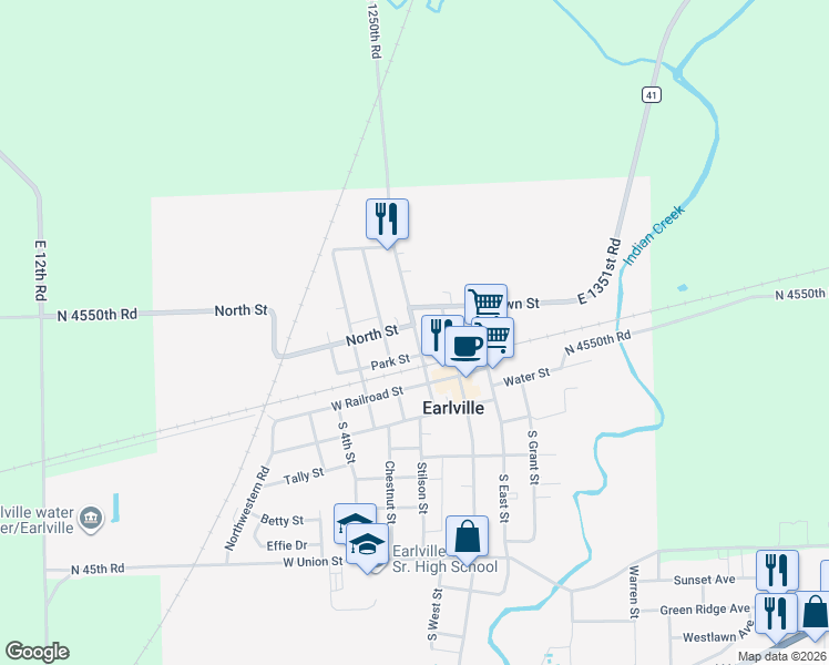 map of restaurants, bars, coffee shops, grocery stores, and more near 203 North East Street in Earlville