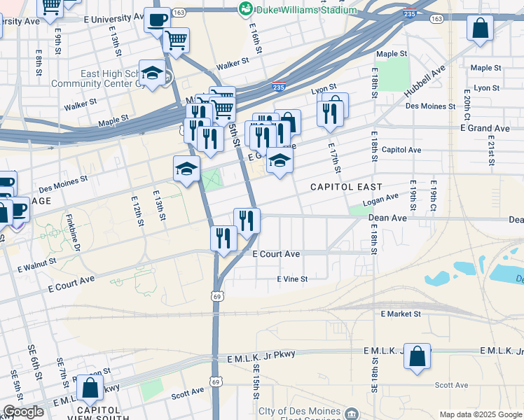 map of restaurants, bars, coffee shops, grocery stores, and more near 1507 East Walnut Street in Des Moines