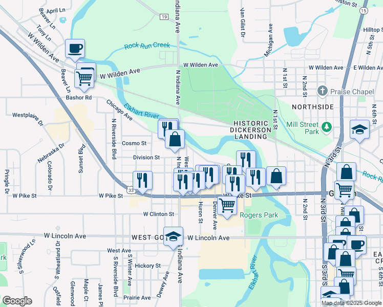 map of restaurants, bars, coffee shops, grocery stores, and more near 600-798 Chicago Ave in Goshen