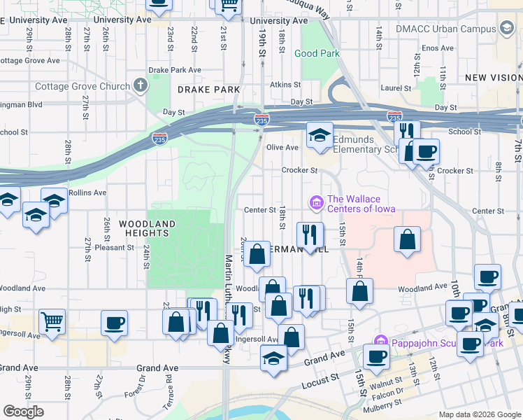 map of restaurants, bars, coffee shops, grocery stores, and more near 1906 Center Street in Des Moines