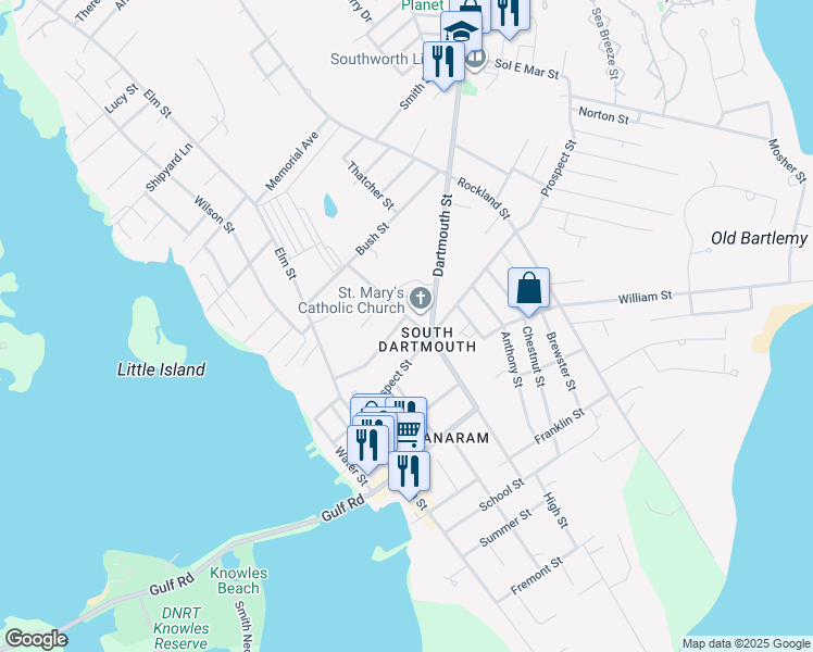 map of restaurants, bars, coffee shops, grocery stores, and more near 62 Middle Street in Dartmouth