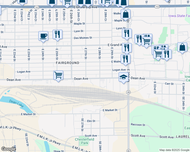 map of restaurants, bars, coffee shops, grocery stores, and more near 2727 Logan Avenue in Des Moines