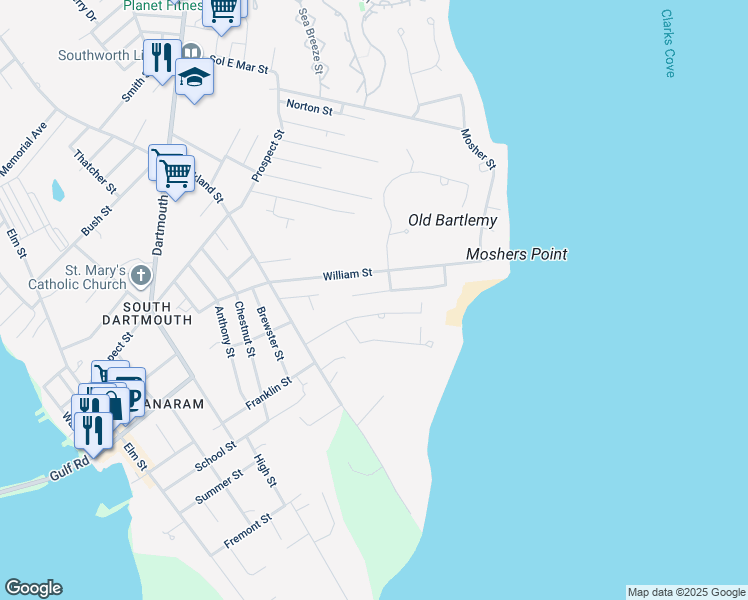 map of restaurants, bars, coffee shops, grocery stores, and more near 45 Stoneledge Road in Dartmouth