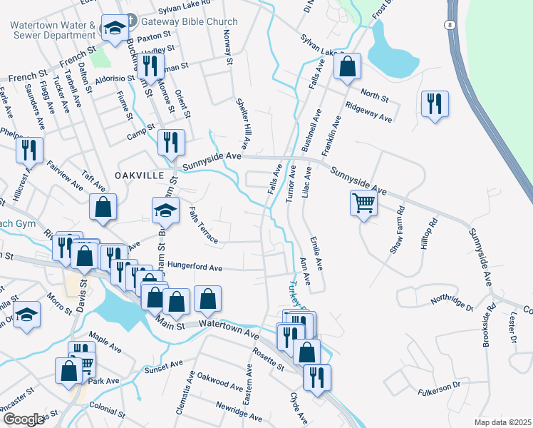 map of restaurants, bars, coffee shops, grocery stores, and more near 164 Falls Avenue in Watertown