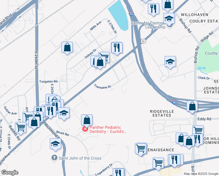map of restaurants, bars, coffee shops, grocery stores, and more near 27381 Tremaine Drive in Euclid