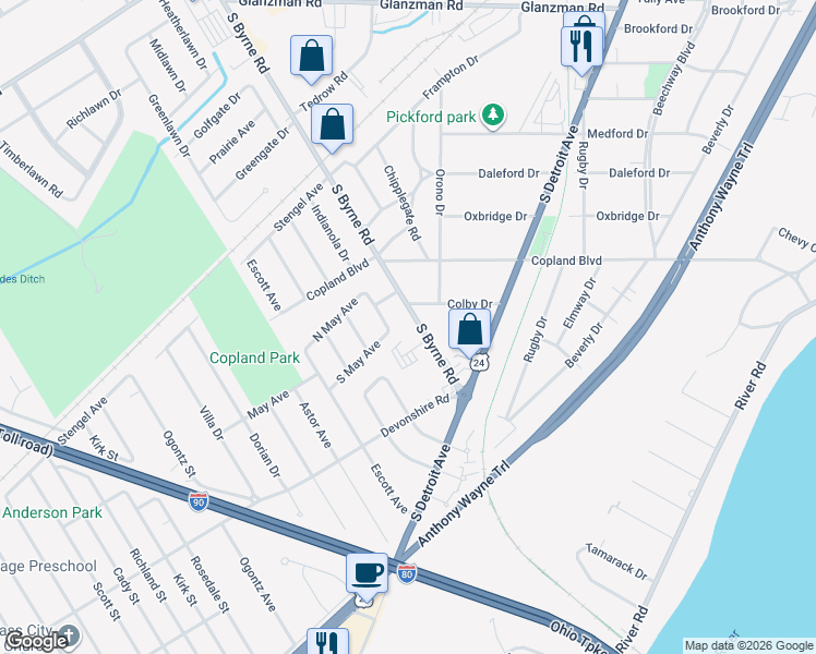map of restaurants, bars, coffee shops, grocery stores, and more near 3068 South Byrne Road in Toledo