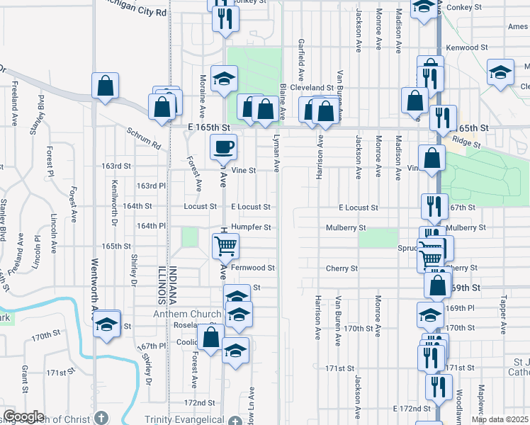 map of restaurants, bars, coffee shops, grocery stores, and more near 267 East Locust Street in Hammond
