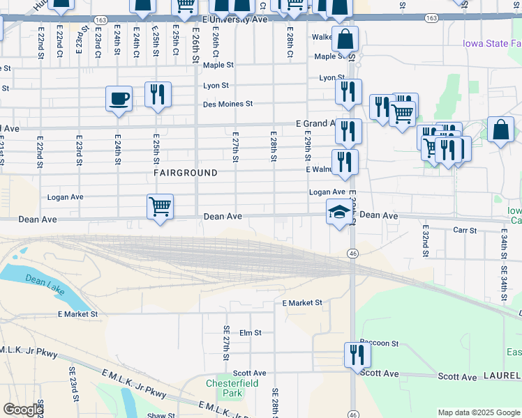 map of restaurants, bars, coffee shops, grocery stores, and more near 2727 Logan Avenue in Des Moines