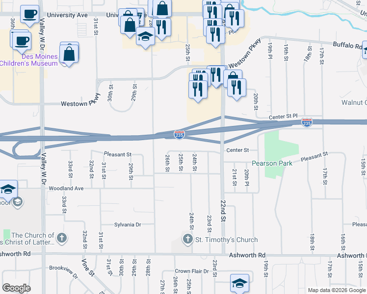 map of restaurants, bars, coffee shops, grocery stores, and more near 2421 Pleasant Street in West Des Moines