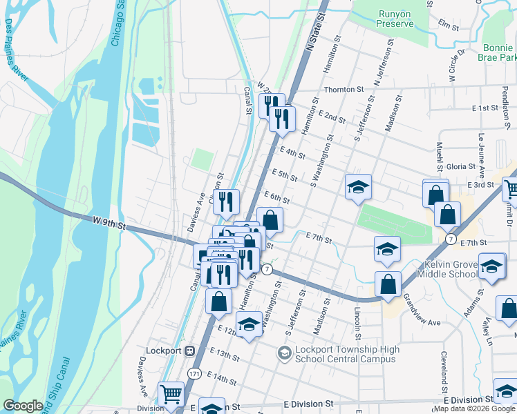 map of restaurants, bars, coffee shops, grocery stores, and more near 620 South State Street in Lockport