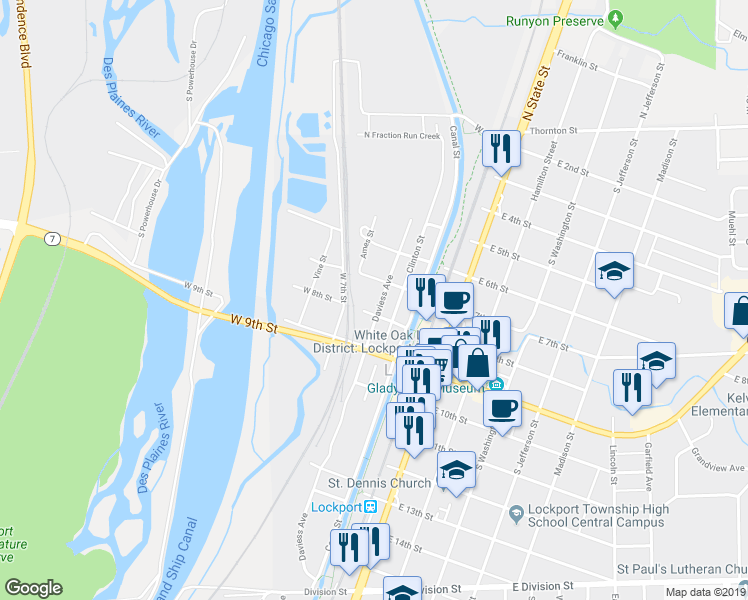 map of restaurants, bars, coffee shops, grocery stores, and more near 721 Daviess Avenue in Lockport