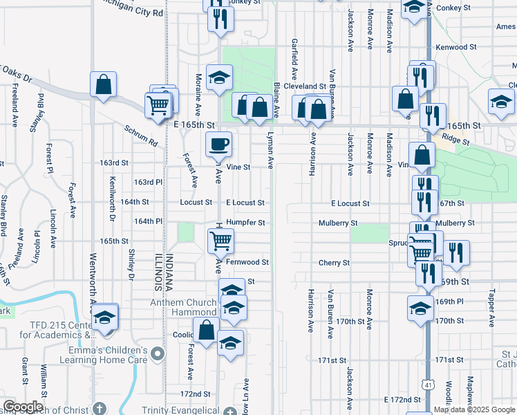 map of restaurants, bars, coffee shops, grocery stores, and more near 254 East Locust Street in Hammond