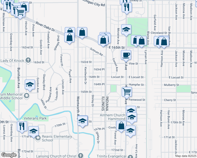 map of restaurants, bars, coffee shops, grocery stores, and more near 25 164th Street in Calumet City