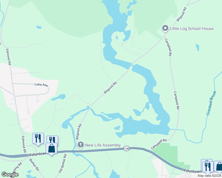 map of restaurants, bars, coffee shops, grocery stores, and more near 108 Bitgood Road in Griswold