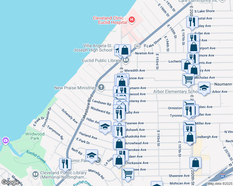 map of restaurants, bars, coffee shops, grocery stores, and more near 562 East 185th Street in Cleveland