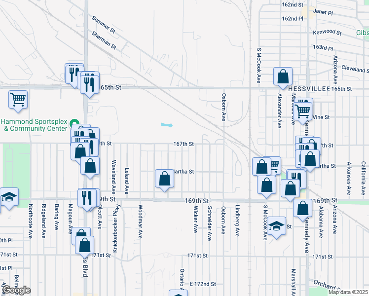 map of restaurants, bars, coffee shops, grocery stores, and more near 2330 167th St in Hammond